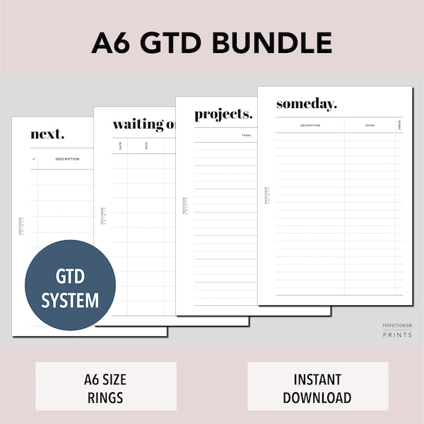 A6 Rings Get Things Done Bundle, PRINTABLE Planner Inserts, GTD Bundle, Minimalist Design, Pdf Files