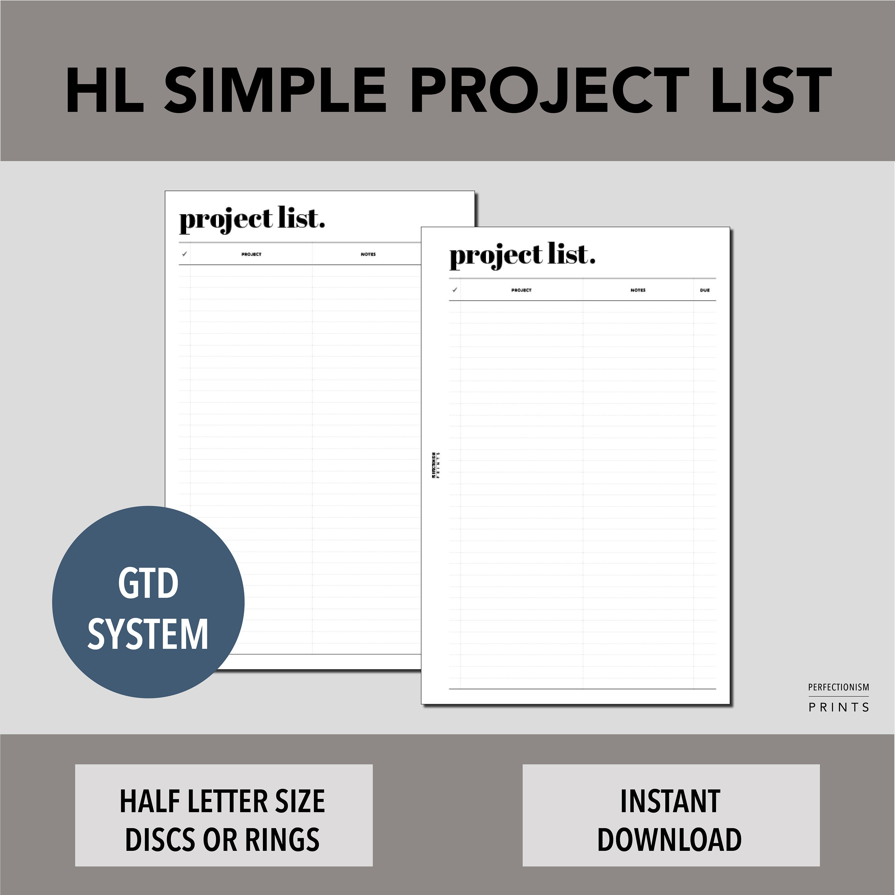 HALF Letter Simple Project List, PRINTABLE Planner Insert, GTD Inspired ...