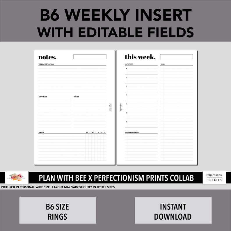 B6 Rings Editable Weekly Page, Plan With Bee X Perfectionismprints ...