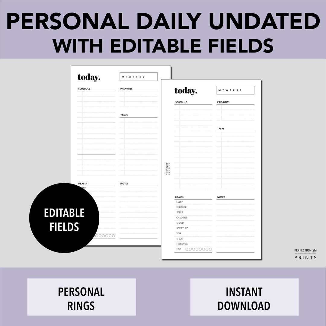PERSONAL RINGS Editable Daily Undated, PRINTABLE Planner Insert, Custom ...