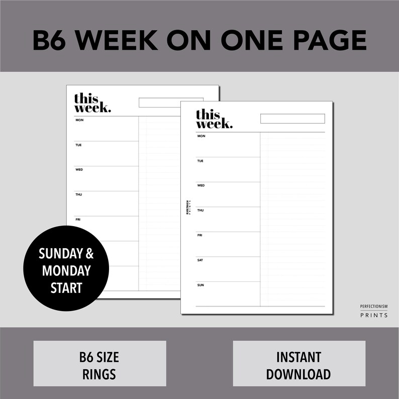 B6 RINGS Week on One Page, PRINTABLE Planner Insert, WO1P, Minimalist ...