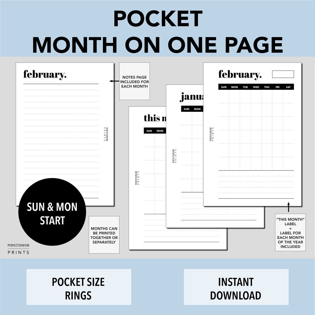 POCKET RINGS Undated Month on One Page Calendar, PRINTABLE Planner ...