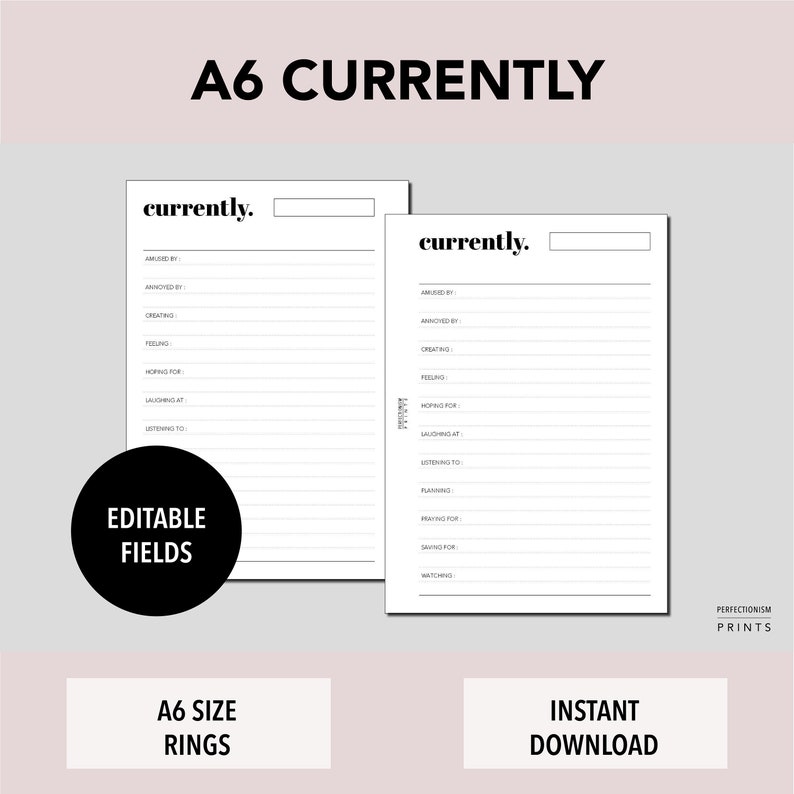 A6 RINGS Currently Spread, PRINTABLE Planner Insert, Custom Categories ...
