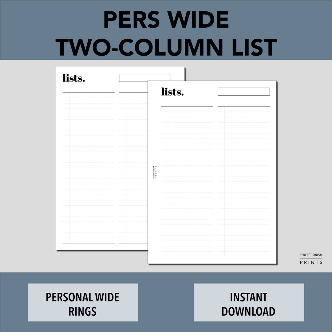 Personal WIDE RINGS Two Column List, PRINTABLE Planner Insert, to Do ...
