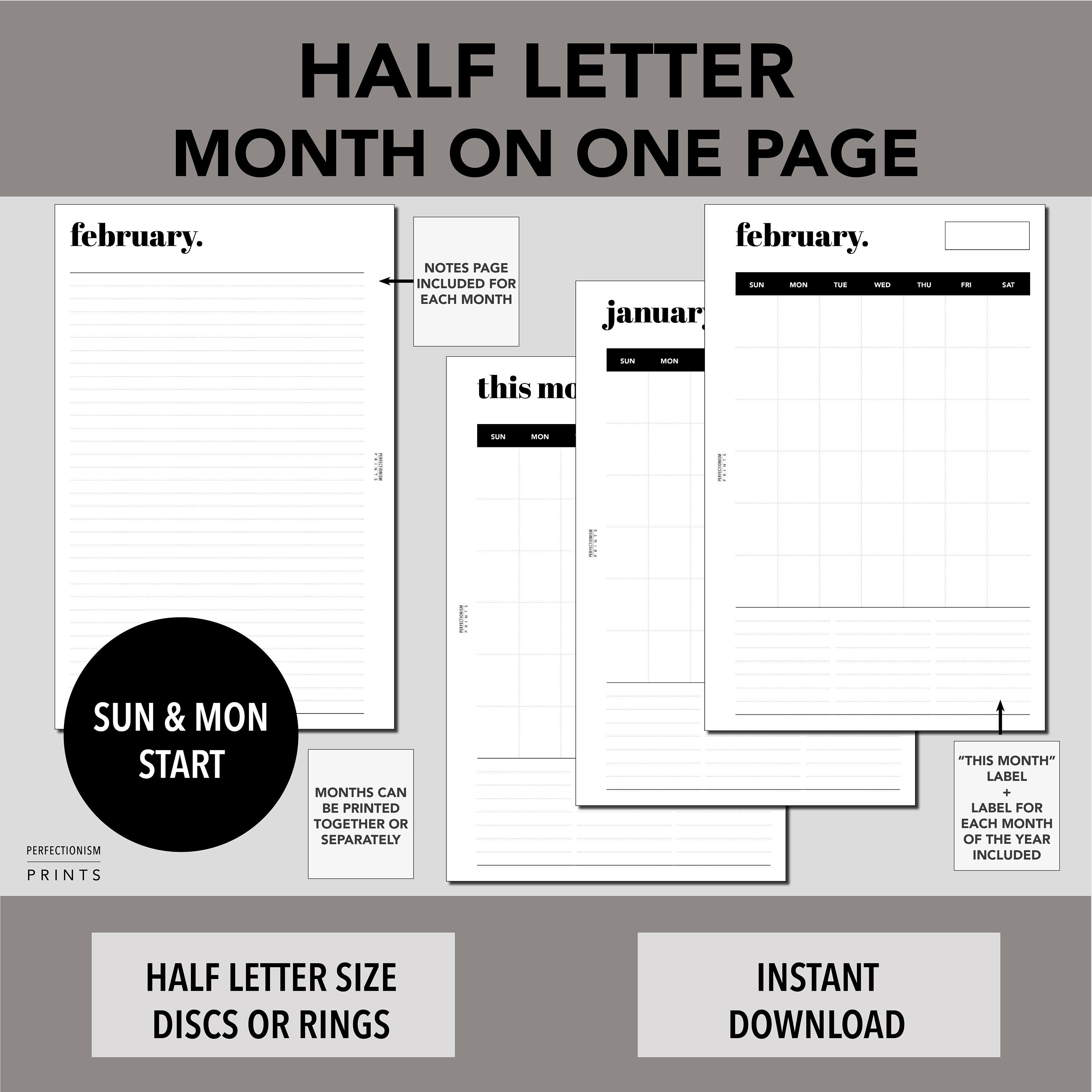 half letter undated month on one page calendar printable etsy