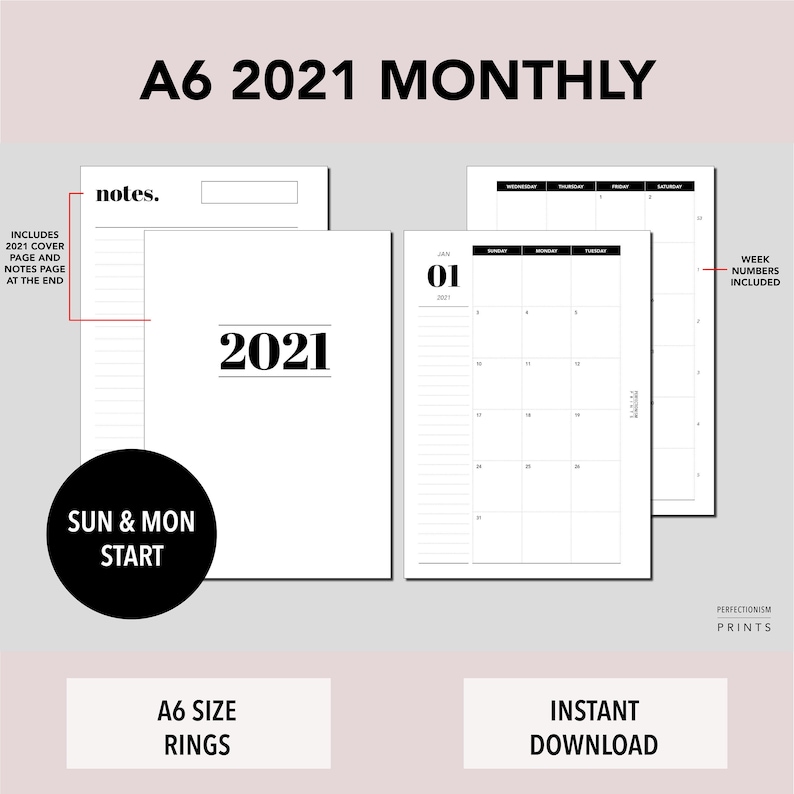 A6 RINGS 2021 Monthly Calendar PRINTABLE Planner Insert | Etsy
