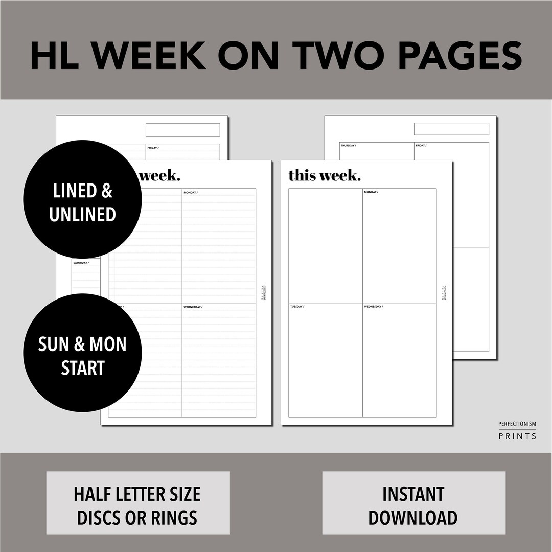 HALF Letter Week On Two Pages PRINTABLE Planner Insert WO2P - Etsy España