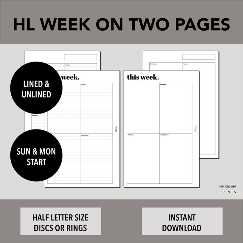 HALF Letter Week On Two Pages PRINTABLE Planner Insert WO2P - Etsy España
