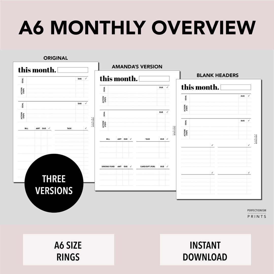 A6 RINGS Monthly Overview, PRINTABLE Planner Insert, Monthly Dashboard ...