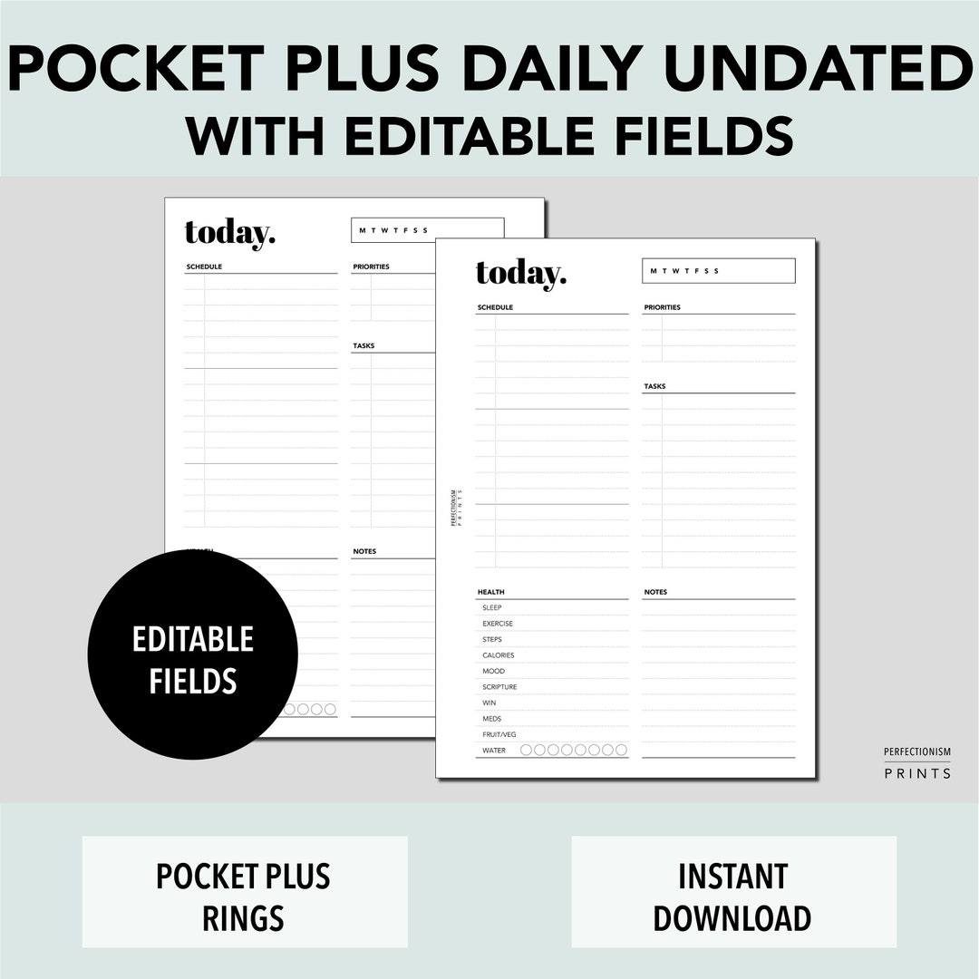 Pocket PLUS Rings Editable Daily Undated, PRINTABLE Planner Insert ...