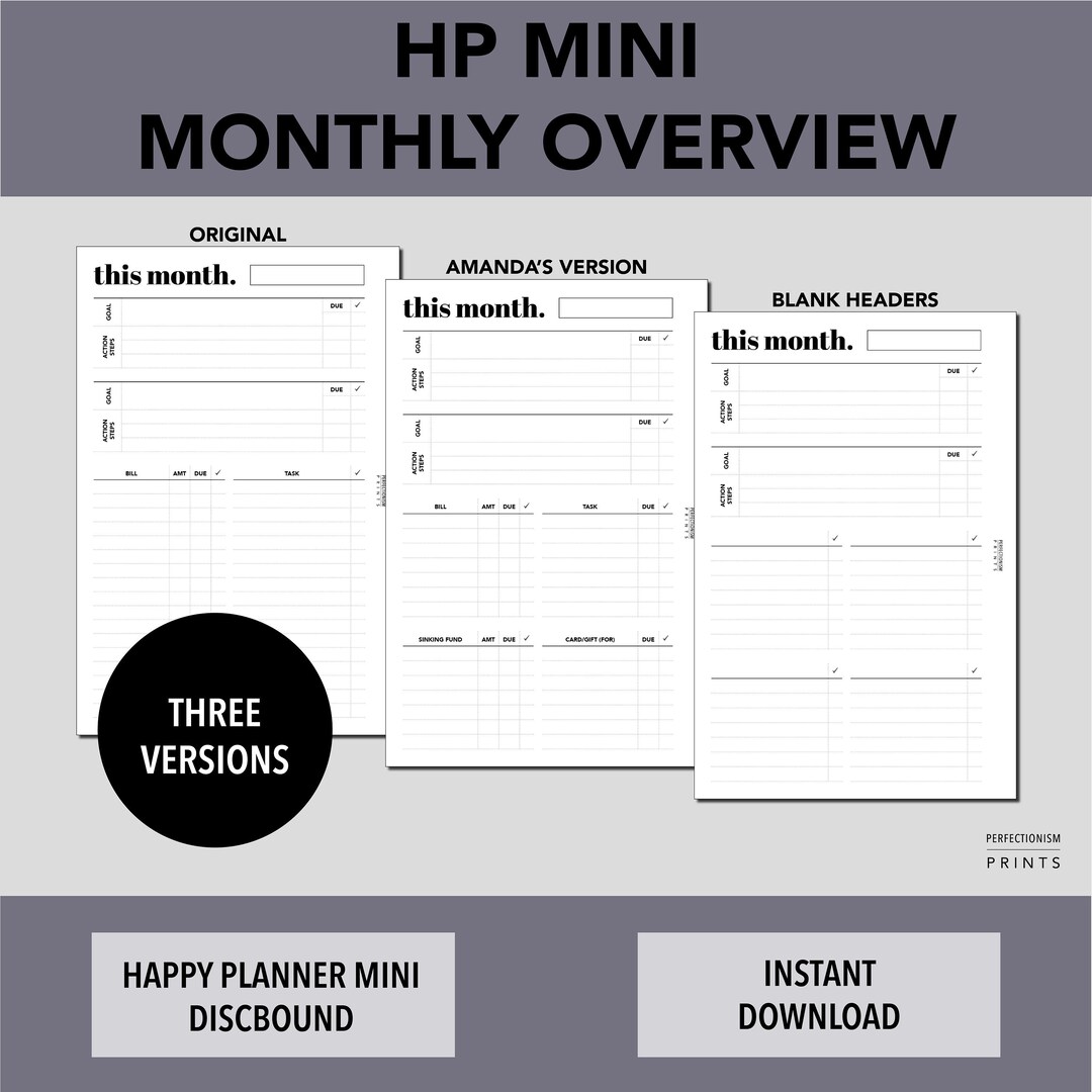 HP MINI Monthly Overview, PRINTABLE Planner Insert, Monthly Dashboard ...