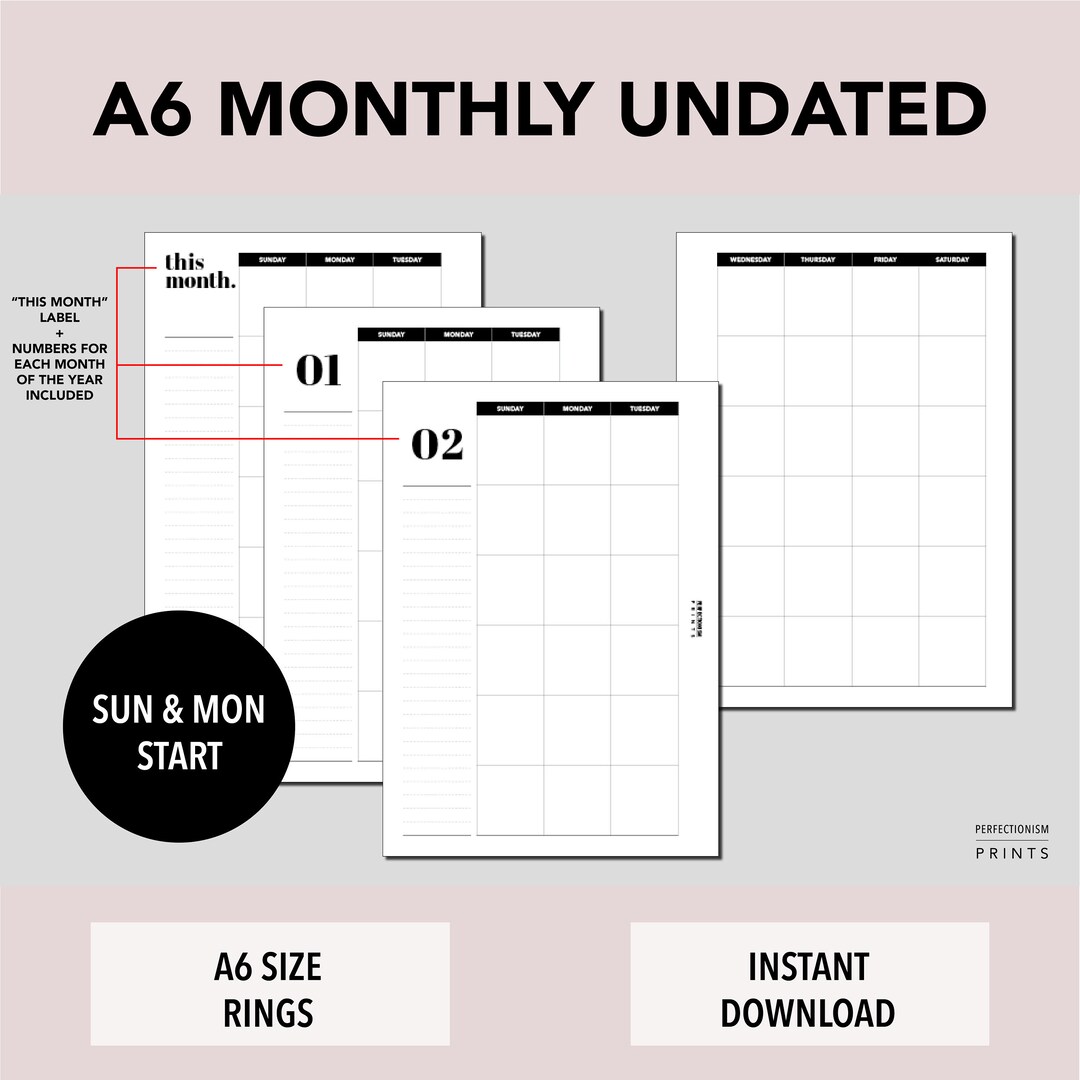 A6 RINGS Monthly Undated Calendar, PRINTABLE Planner Insert, Month on ...
