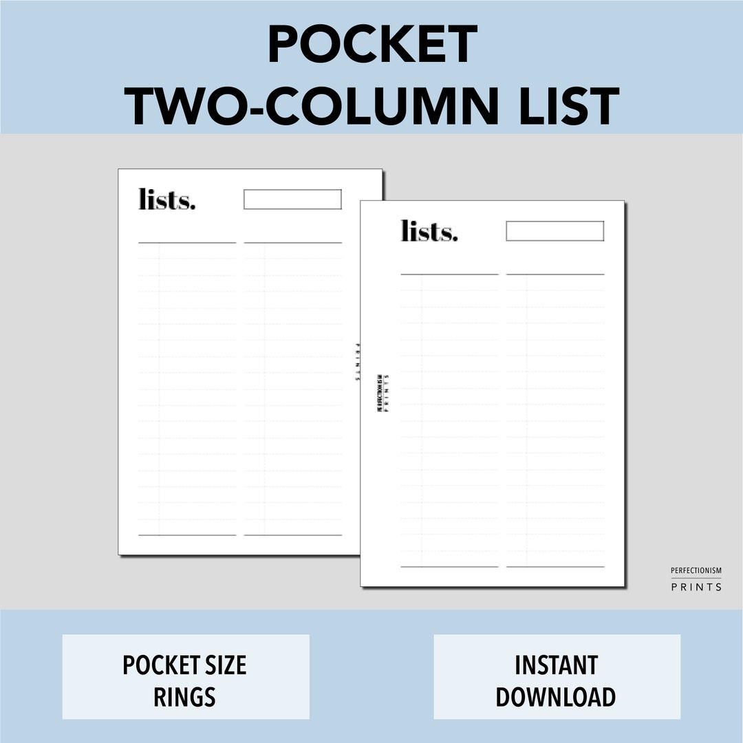 POCKET RINGS Two Column List, PRINTABLE Planner Insert, to Do List ...