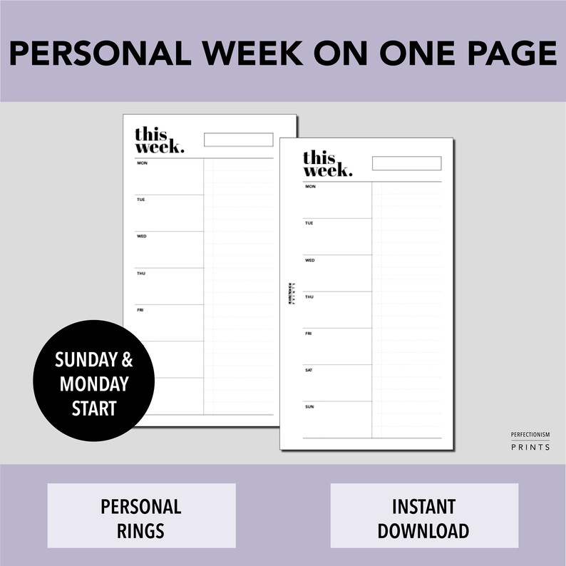 PERSONAL RINGS Week on One Page PRINTABLE Planner Insert Etsy