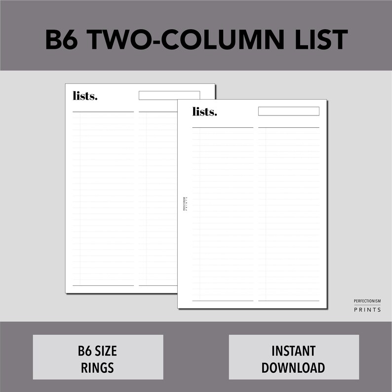 B6 RINGS Two Column List PRINTABLE Planner Insert to Do - Etsy