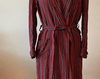 2pc Red, Black, and White Striped Wool Bathrobe 3 Pockets and Belt  Vintage