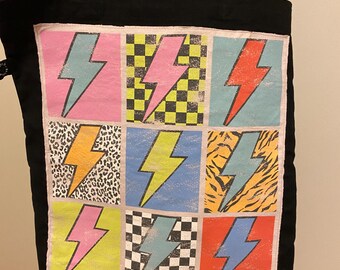 Lightning Bolt Upcycled Tote Bag Black Cotton with Colorful Patch