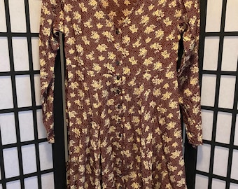 90s Button Down Brown Floral Dress Long Sleeve Rayon