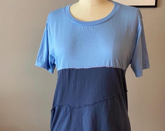 Distressed Tee Upcycled Handmade Sky Blue and Dark Blue Open Back