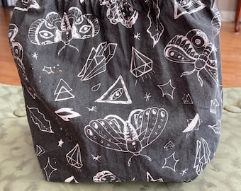 Handmade Tarot Bag, Black White Moth Crystal Goth Cotton Pouch