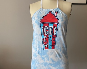 Upcycled ICEE Logo Halter Top Blue and White Tie Dye Look Festival Wear
