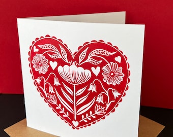 Hand printed lino print Valentine Card