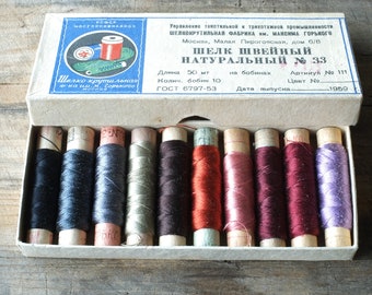Filo di seta naturale vintage, 10 bobine in scatola, seta naturale per cucire, vintage anni '50