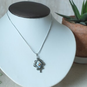 Vintage painted flower pendant, Filigree pendant necklace