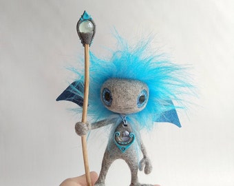 Sky Spirit, needle felted soft sculpture on wire frame, posable fantasy creature with a glow in the dark magic staff, mythical friend