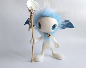 Sea Spirit needle felted fantasy creature, wool sculpture on wire frame, posable home decoration