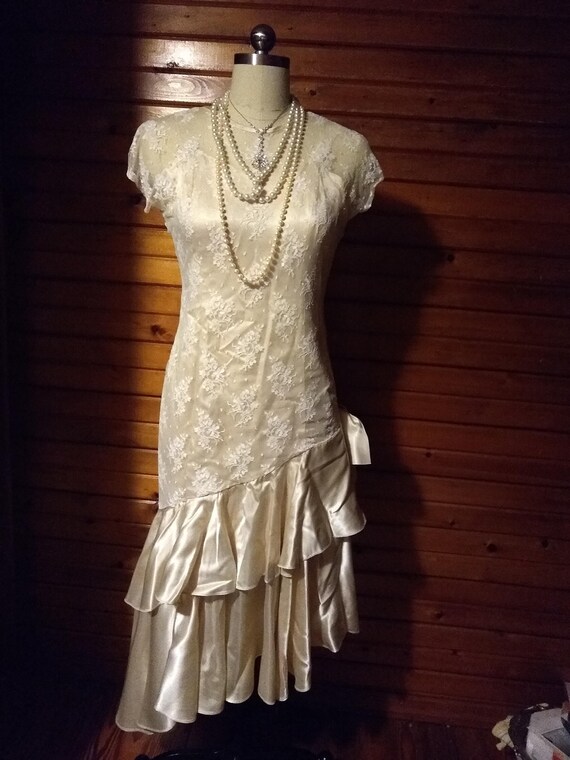 White lace white silk vintage dress wedding prom f