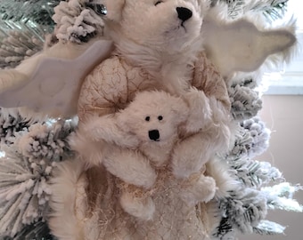 Adorno navideño vintage Boyds Bear Angel con bebé para la cima del árbol de Navidad, 2001