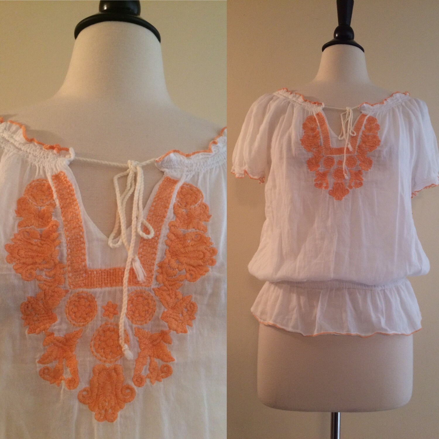 Vintage 1970s Cotton Peasant Blouse with Orange Embroidery Etsy