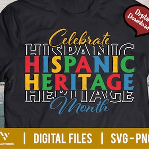 May include: A black t-shirt with the text "Celebrate Hispanic Heritage Month" in colorful letters. The text is layered with white outlines.