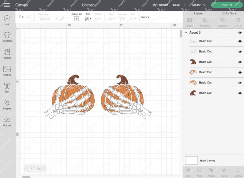 May include: Two orange pumpkins with white skeletal hands holding them. The pumpkins are on a white grid background.