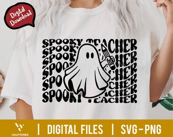 不気味な先生 SVG、トリック・オア・ティーチ svg、不気味な先生 svg、魔女にお願い svg、ハロウィン先生シャツ svg、レトロな幽霊 | デジタル ファイル