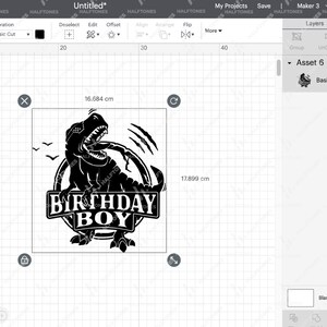 May include: Black and white design featuring a dinosaur with the text "Birthday Boy" in a circle. The design is 16.684 cm by 17.899 cm.