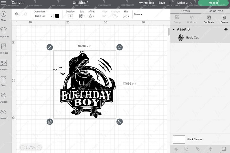 May include: Black and white design featuring a dinosaur with the text "Birthday Boy" in a circle. The design is 16.684 cm by 17.899 cm.