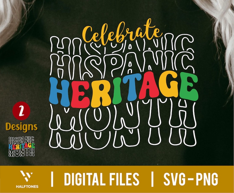 May include: A digital design featuring the text "Celebrating Hispanic Heritage Month" in a colorful, retro style. The text is layered and outlined in white, with the words "Heritage" in bold, colorful letters.