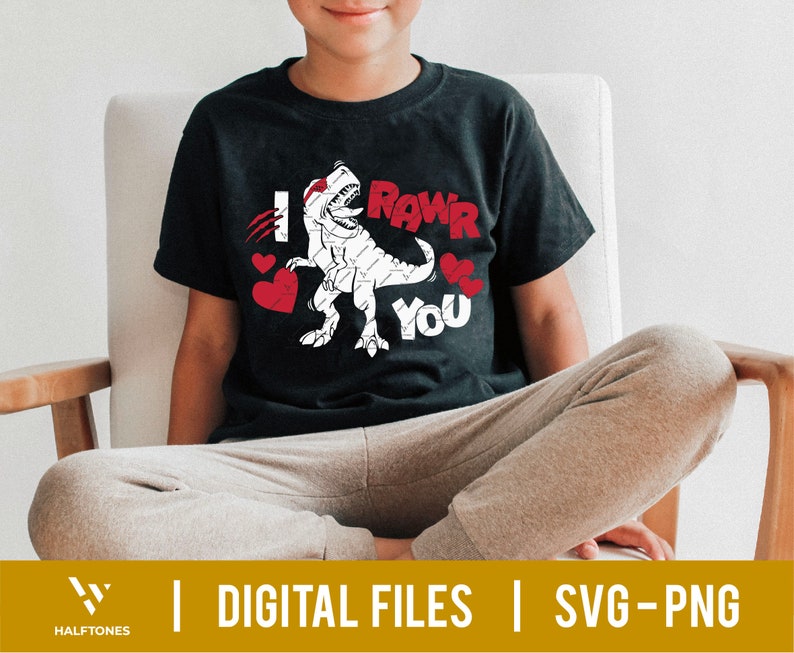 May include: A black t-shirt with a white dinosaur graphic and the text "I RAWr You" in white. There are three red hearts around the dinosaur.