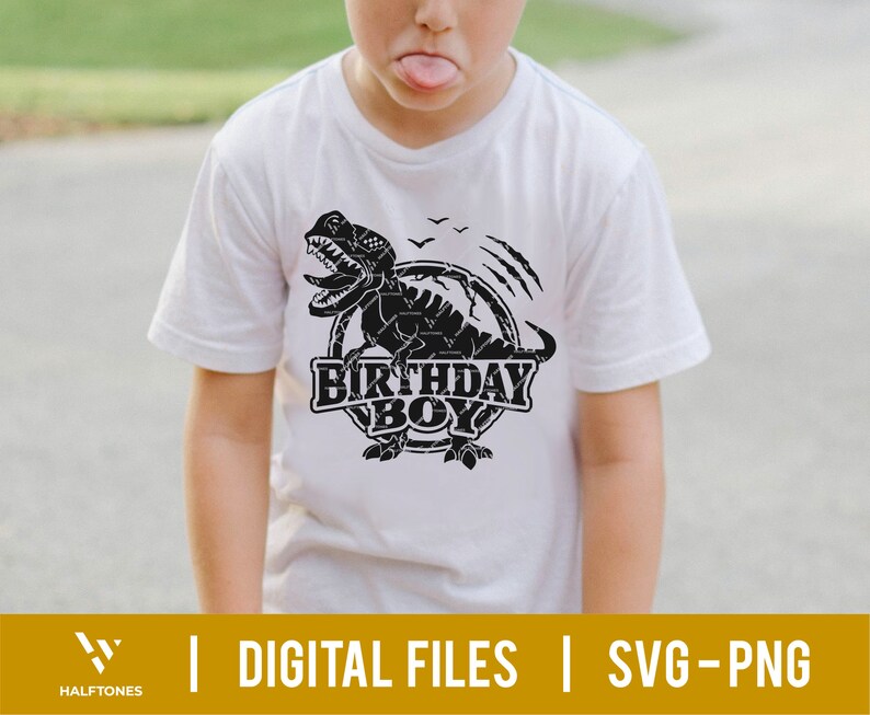 May include: A white t-shirt with a black graphic of a dinosaur with the text "Birthday Boy" in a circle.