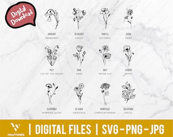 Birth month flower SVG bundle, zodiac flower svg, wildflower svg, lovely line drawing floral svg, botanical flower svg | Digital cut files