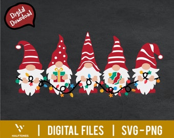May include: Five red and white striped gnomes holding Christmas ornaments and gifts. The gnomes are surrounded by colorful Christmas lights.