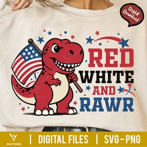 Rojo blanco y crudo SVG, dinosaurio patriótico svg, bandera americana svg, niños dinosaurio svg, niños 4 de julio camisa svg, patriótico svg para niños