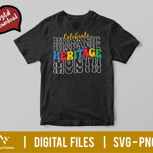 May include: Black t-shirt with the text "Celebrate Hispanic Heritage Month" in colorful, outlined letters.