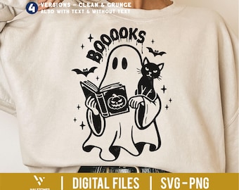 Lindo fantasma leyendo un libro Svg, Gato negro Svg, Gato de Halloween Svg, Fantasma de Halloween Svg, Fantasma espeluznante Svg, Lindo Halloween Svg, Ghouls Gang Svg