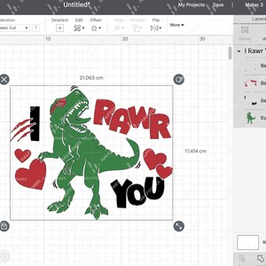 May include: A green dinosaur holding a red heart with the text "I Rawr You" in black and red letters. The dinosaur is wearing a red headband with a white stripe. There are three red hearts around the dinosaur and text.