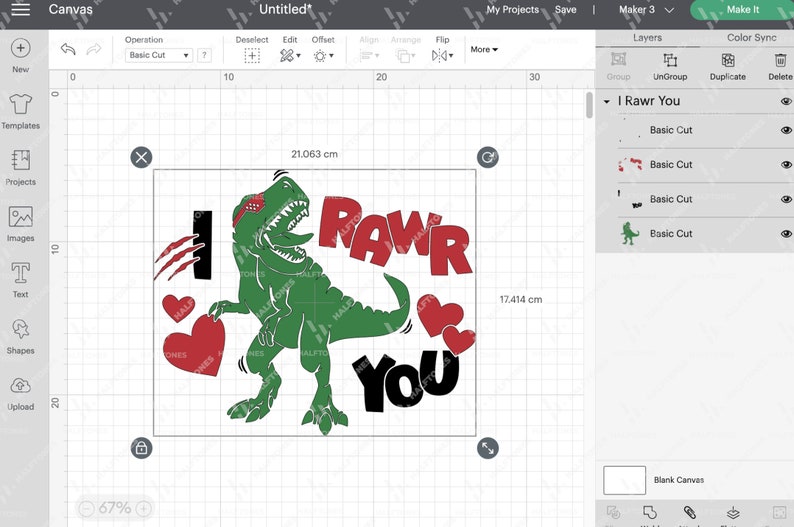 May include: A green dinosaur holding a red heart with the text "I Rawr You" in black and red letters. The dinosaur is wearing a red headband with a white stripe. There are three red hearts around the dinosaur and text.