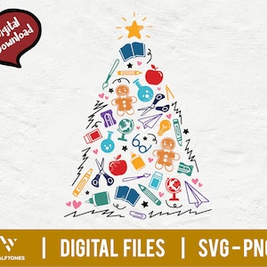 May include: A colorful Christmas tree design featuring various school supplies, including books, pencils, scissors, a globe, a ruler, and a gingerbread man. The tree is decorated with stars and hearts.