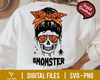 Momster SVG, Halloween Skull Mom Messy Hair Bun Monster Svg, Monster Halloween Svg, Skull Mom Svg, Skull Mom Halloween Svg, Spooky mom Svg